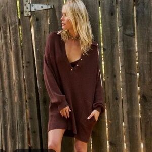 Free People FP Beach Picnic Sweater Collared Dress in Brown
